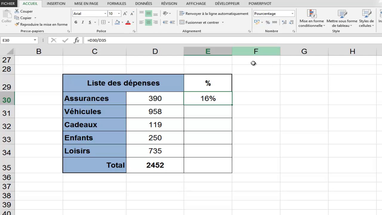 Excel : " Calculer un pourcentage "
