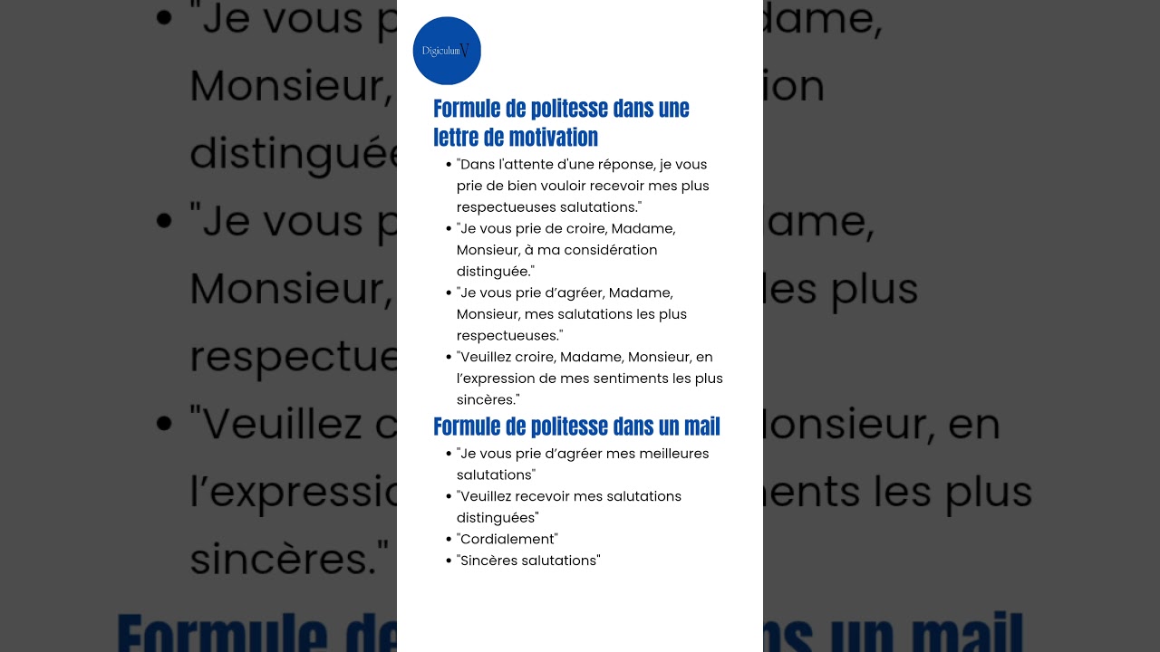 Lettre : Formule de politesse